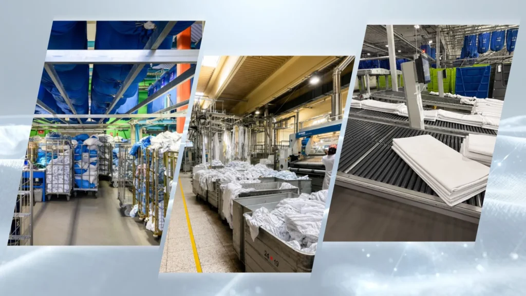 Industrial laundry workflow showing different stages of textile processing